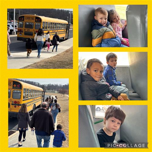 students walking to bus and sitting in bus seats